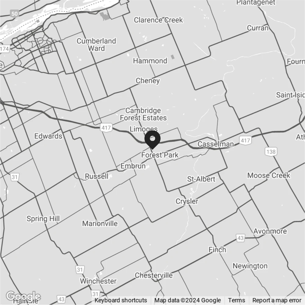 Map of the BNA RV Center service area around Limoges, Ontario